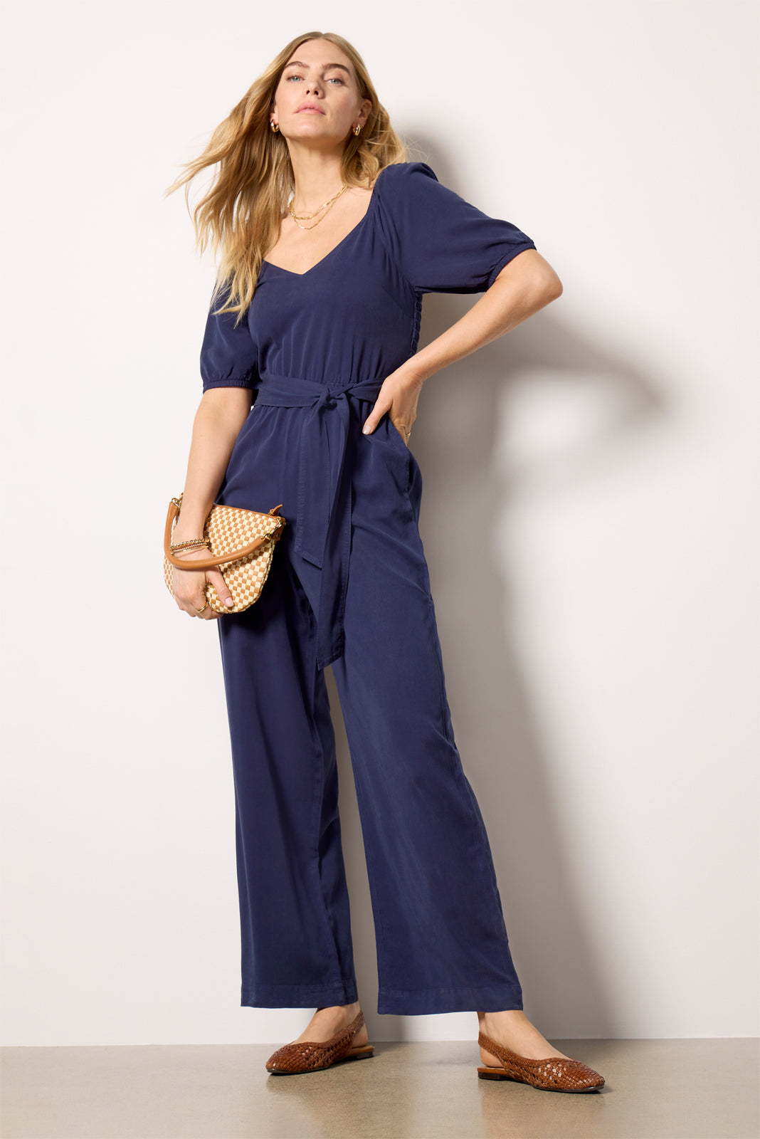 Puff Sleeve Belt Tie Jumpsuit