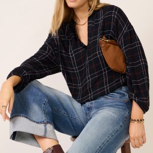 Split Neck Plaid Blouse